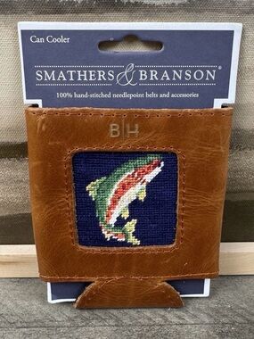 Mark & Graham Smathers & Branson Leather Needlepoint Can Cooler Trout “BH” Read